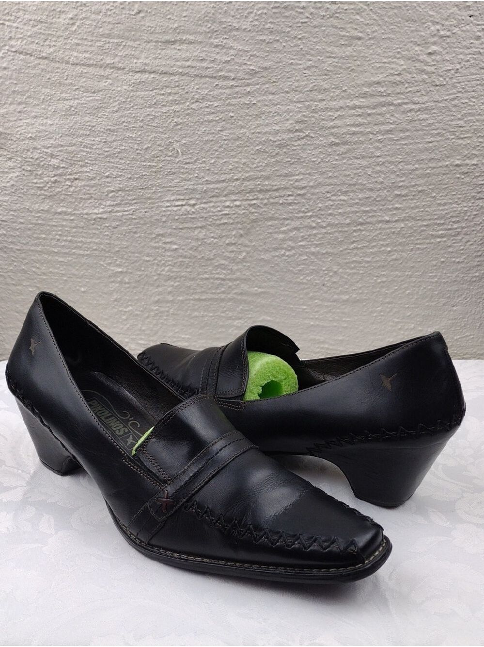 Pikolinos Spanish Design Dark Brown Leather Stitched Detail Square Toe Pump Shoe